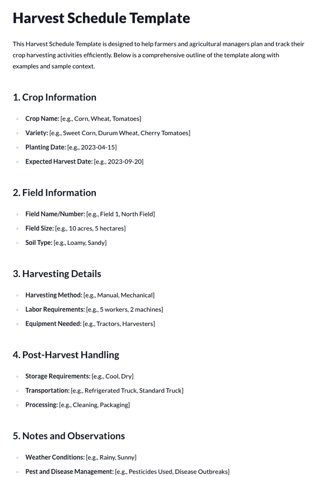 Harvest Schedule Template