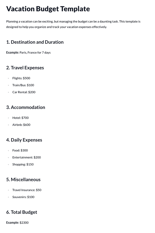 Vacation Budget Template